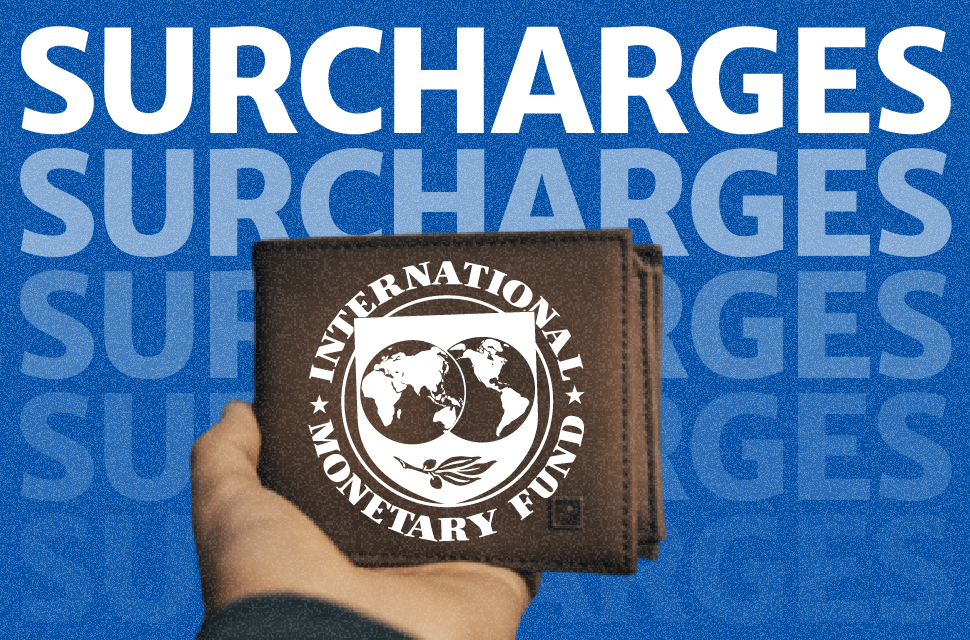 A hand holding a wallet with the IMF logo, against a blue background with text overlay that reads "surcharges.