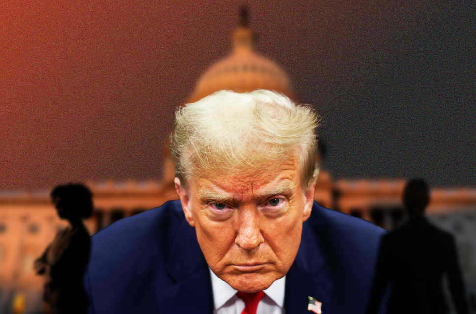 Close-up of Donald Trump with a serious expression, with blurred silhouettes of people and the Capitol building in the background, symbolizing the loss of middle-class jobs.