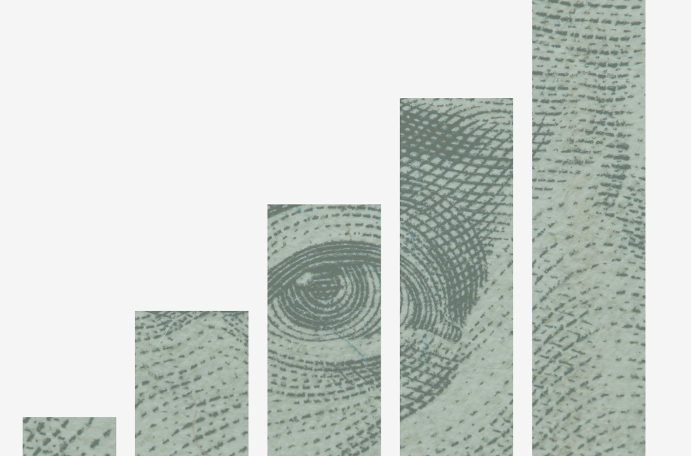 Abstract art consisting of four rectangular panels with an inlaid hundred dollar bill arranged with varying sizes and alignments on a plain background, symbolizing job growth in April.