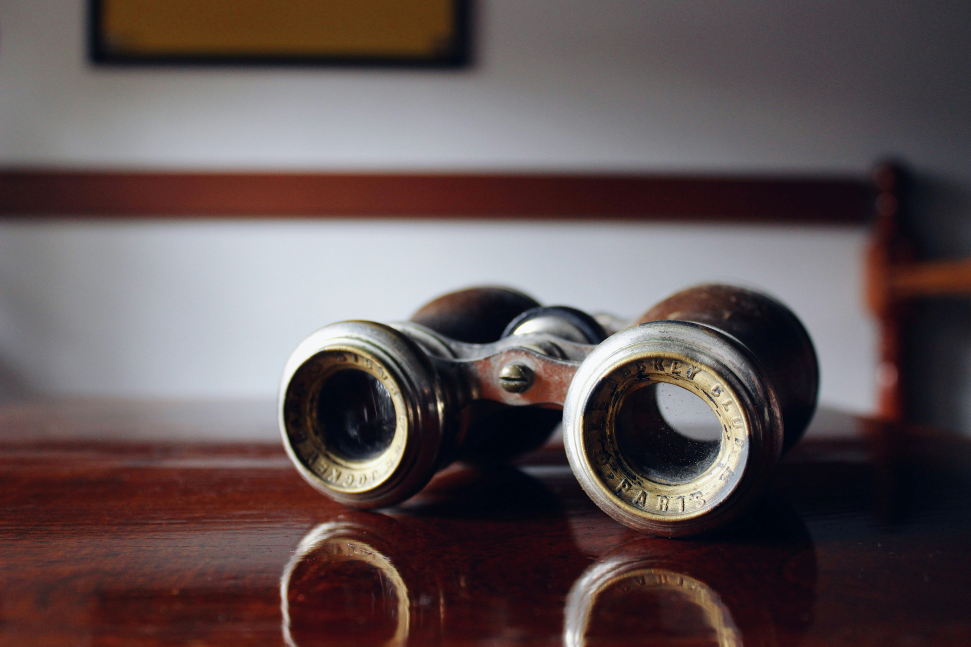 Vintage brass binoculars with ornate engravings lying on a polished wooden surface, with a blurred background hinting at the upcoming consumer price index chart.